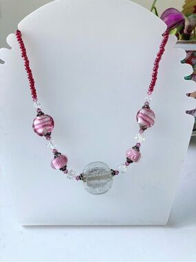 Handcrafted Murano-Style Glass Bead Necklace, 925 Sterling Silver Clasp